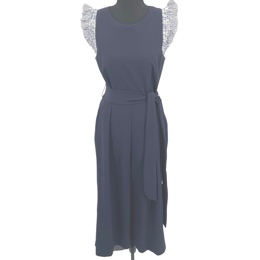 Eliza J Jumpsuit Womens 8 Navy Blue Poly Crepe Ruffle Stripe Wide Leg EJ0-6179